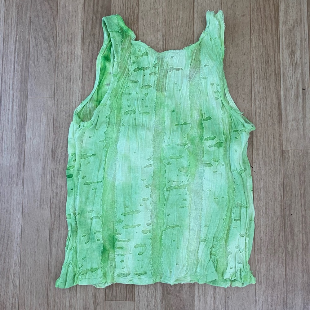 ALBERTO MAKALI Neón Green Distressed Gauze Embellished Tank Top Size L